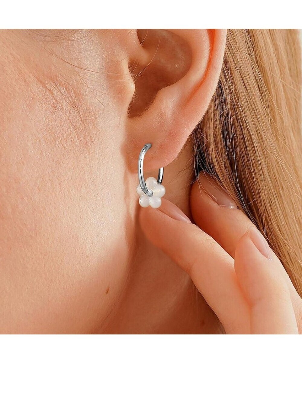 Silver Hoop Earrings with White Flower Charm - Women's Jewelry